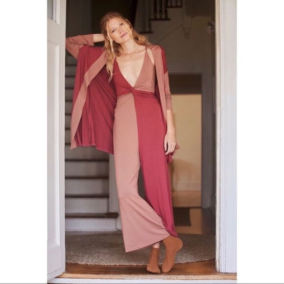 NEW Daily Practice Anthropologie Twist-Front Plunge Colorblocked Jumpsuit Medium - Picture 1 of 6